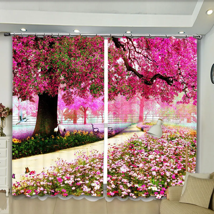 

Romantic Pink Sakura Cherry Blossom Flower Printed Luxury Thin Window Curtains For Bedroom Living Room Bathroom Kicthen 2pcs