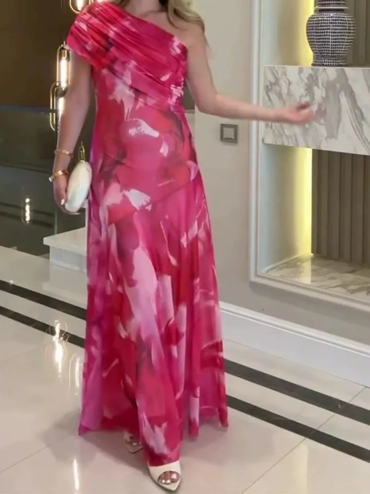 女性用エレガントなハイウエストドレープロングドレス、ファッショナブルな柄プリント、バックレススリムドレス、セクシーな斜め肩ノースリーブボヘミアン風ドレス