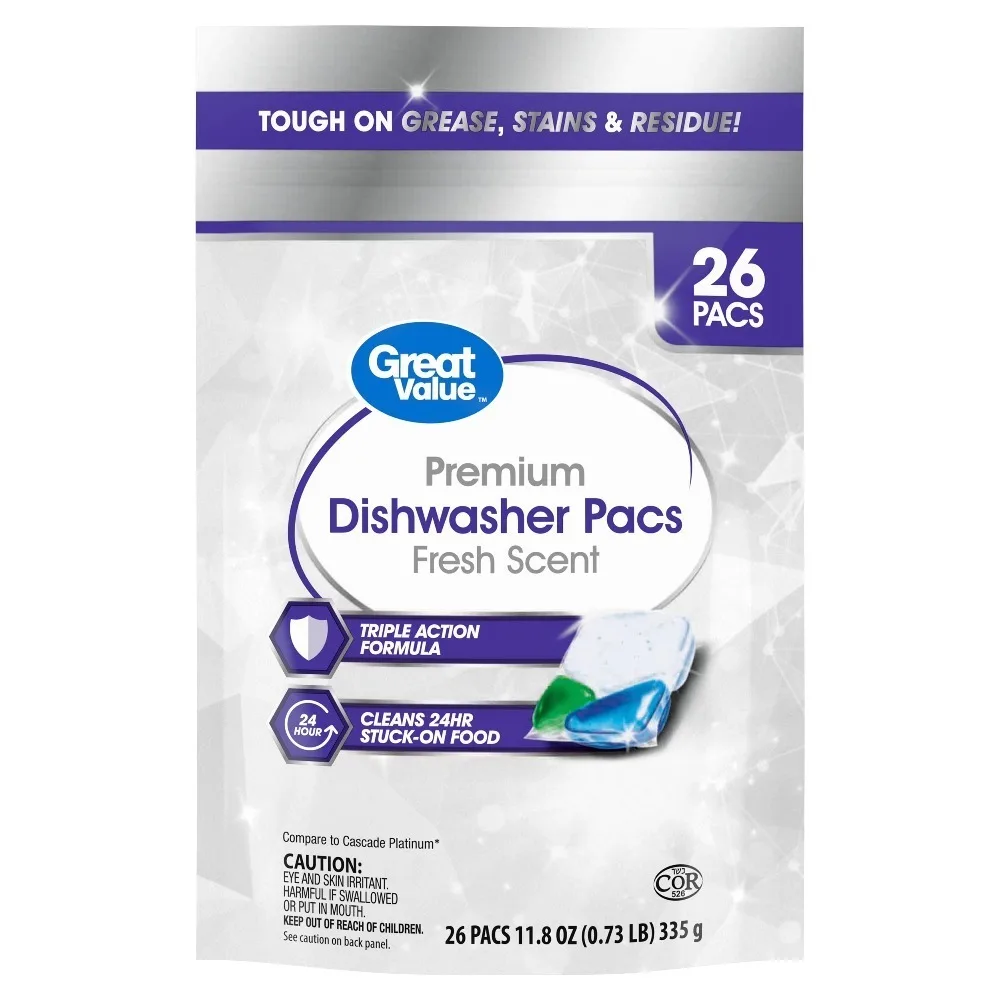 Premium Fresh Scent Dishwasher Detergent Pacs All in One Tablets 26 Count for Automatic Dishwashing Machine Cleaning