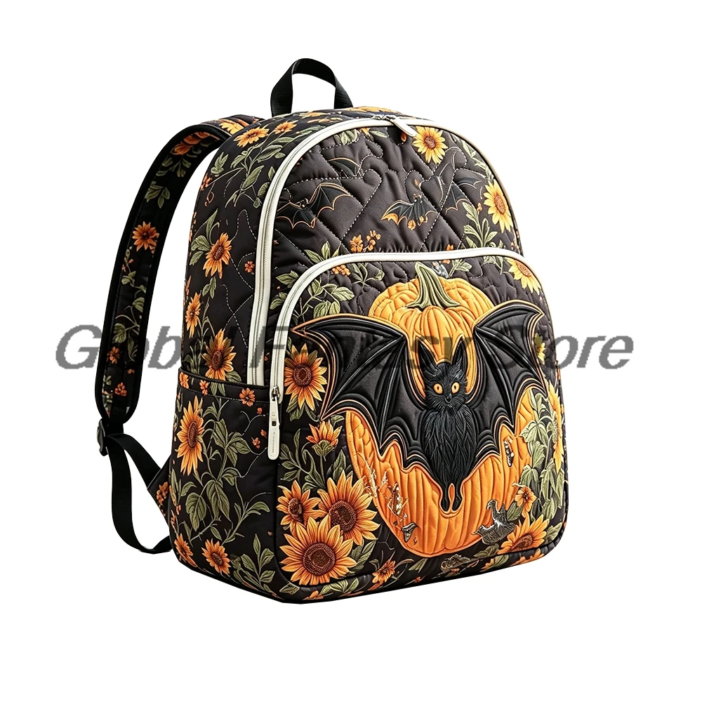 Halloween Quilted Backpack Large Capacity Rucksack Black Cat Pumpkin Sunflower Bat Print Packsack Women Men Travel Daypack