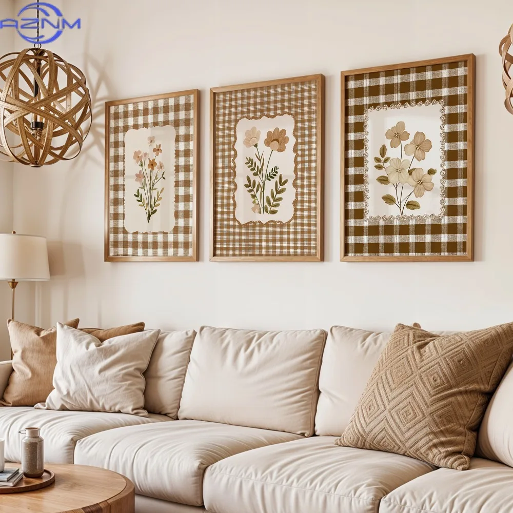 3pcs Set, Wall Art, Retro Poster, Vintage Country Wildflower Art Print, Brown Checkered Floral Canvas Painting, Bedroom Hallwa