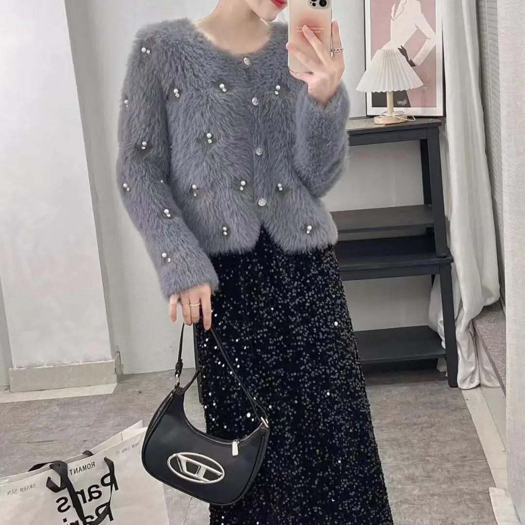 Nachahmung Nerz Pelz Strickjacke Pullover Jacke für Frauen Herbst und Winter Dicke Kurze Stil 2024 Neue Artikel