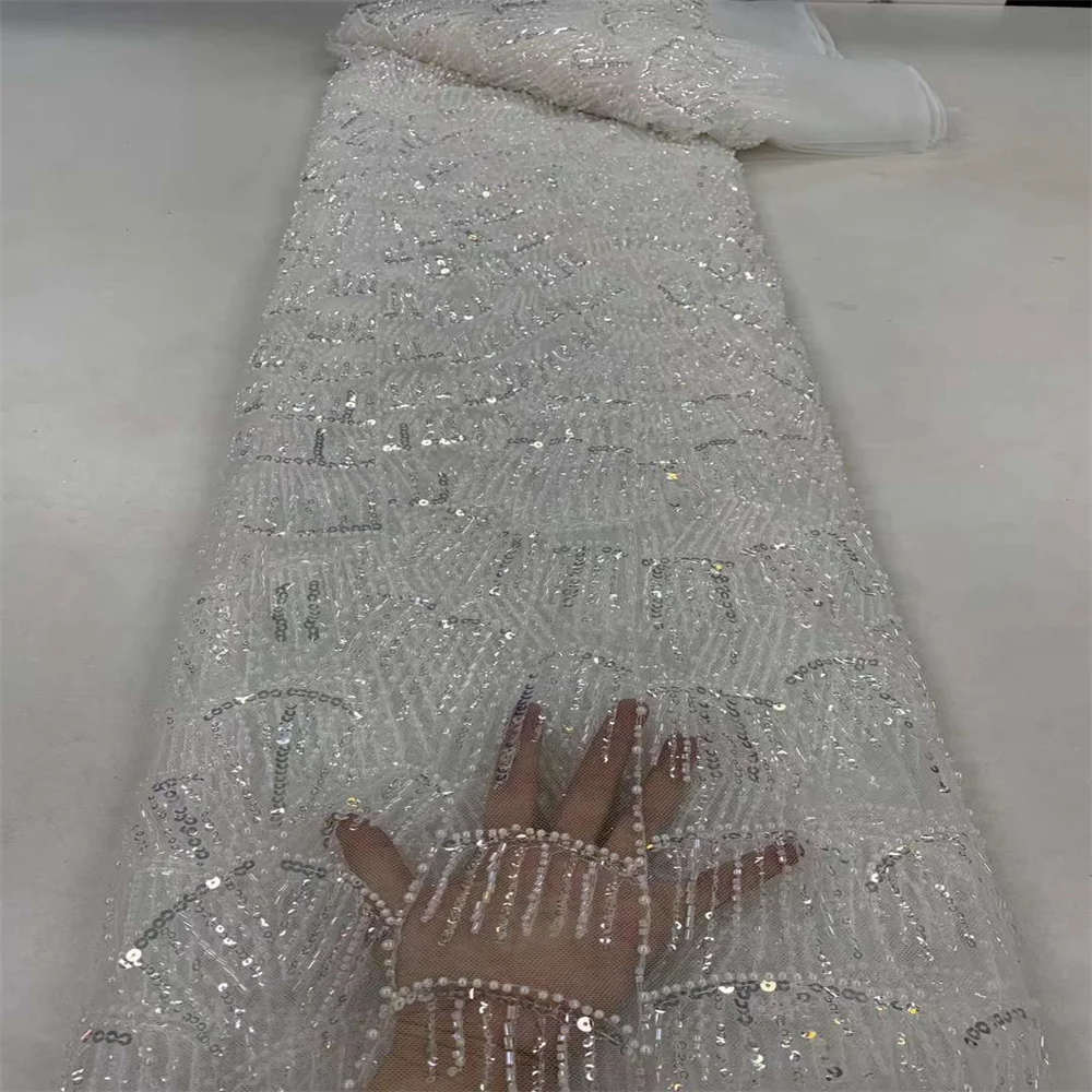 

African Lace Fabric 2024 High Quality French Sequins Embroidery Beads Tulle Lace Fabric For Party Dress Sewing zx-240
