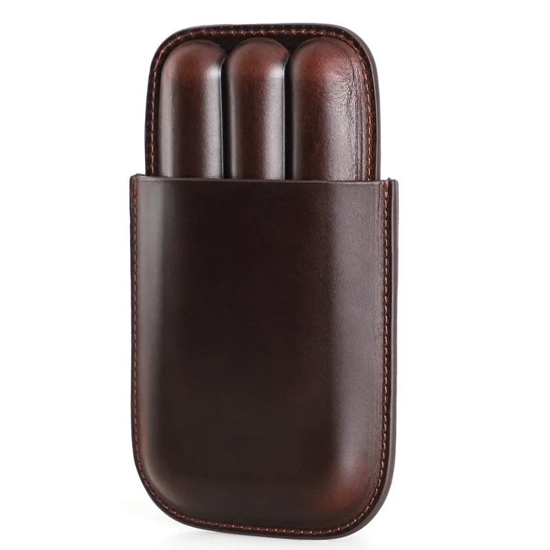 New genuine leather cigar case, three-pack, convenient travel cigar humidor, portable cigar case