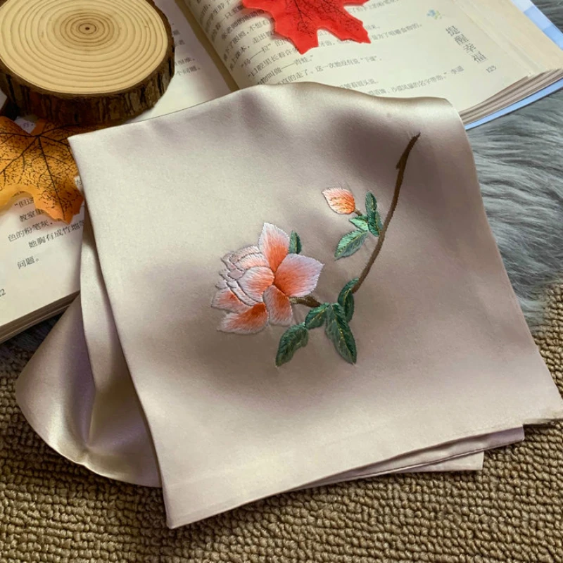 Silk Scarf Handmade Embroidery Handkerchief Double-Layer Small Square Towel Business Gift Chinese Style Fashion Simple Exquisite