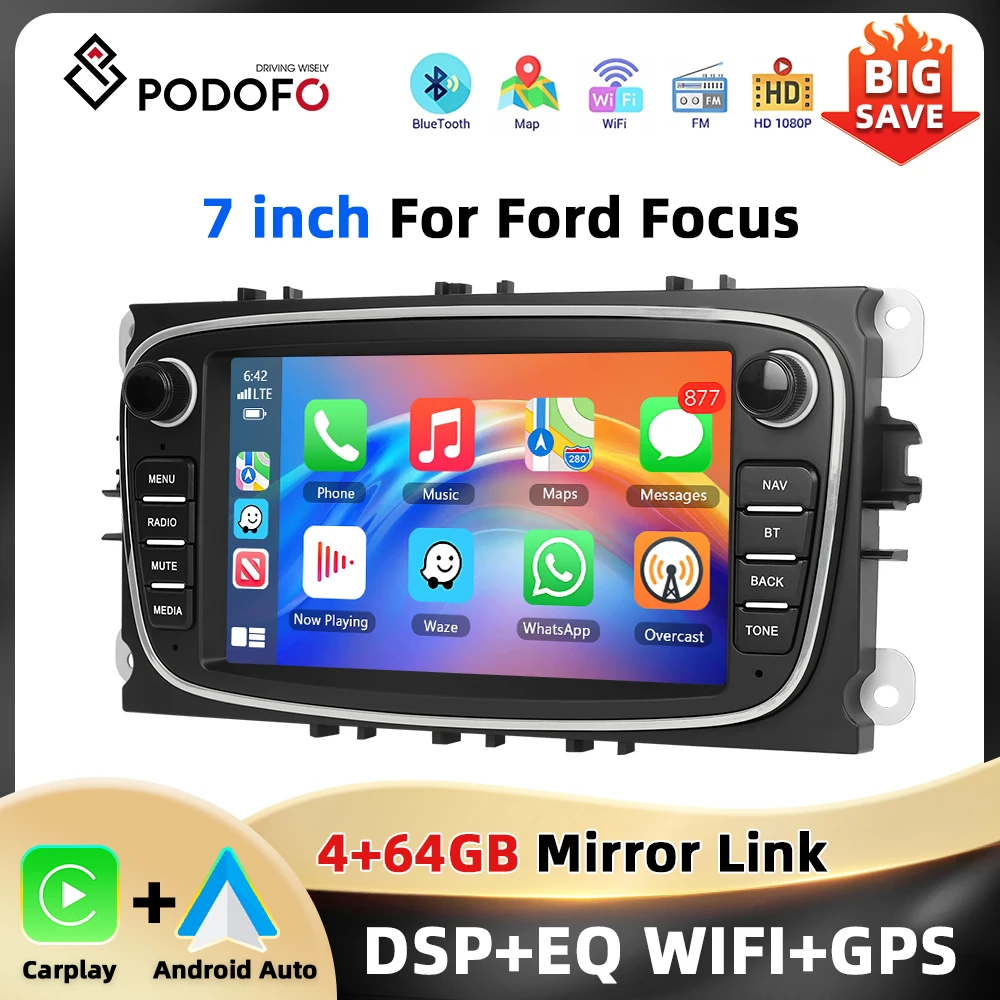 Podofo 4 + 64G 2Din Autoradio Per Ford Focus Mondeo C-MAX S-MAX Galaxy II Kuga Navigazione GPS Carplay Android Auto WIFI Car Audio