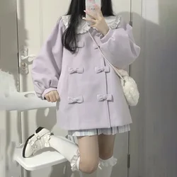 Autumn Winter Cute Sweet Purple Doll Collar Lolita Coat Women Japanese College Style Kawaii Bow A-line Loose Jackets Overcoat