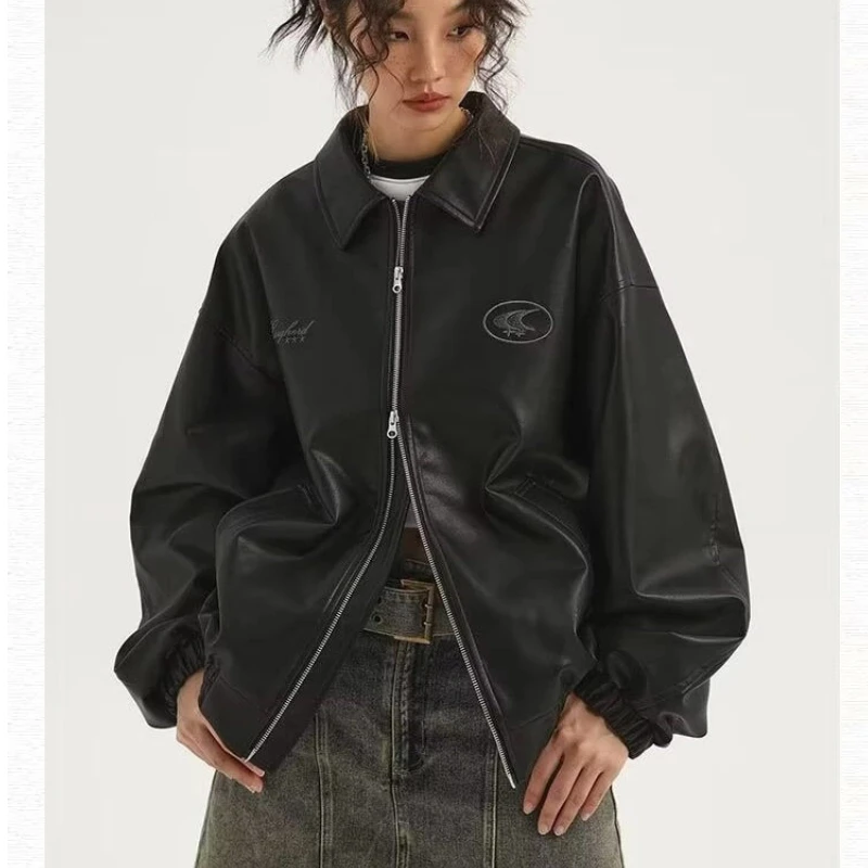 

American Casual Jacket for Women's Tops for Autumn Couples Retro Niche Leather Embroidered Windproof Jacket