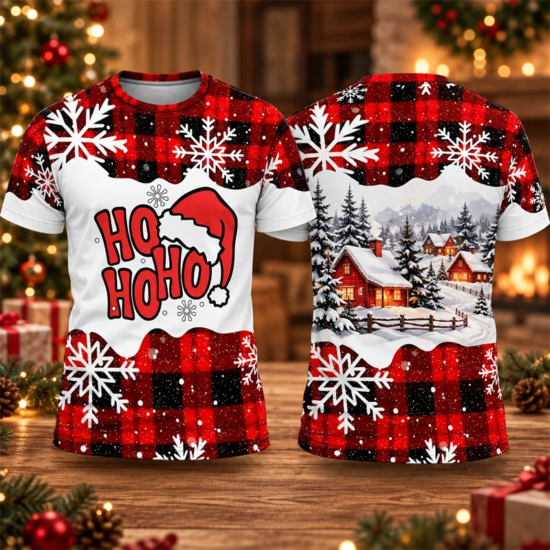 Gingerbread Houses Meet FA LA LA Lettering on a Men's Xmas T Shirt Short Sleeve Plaid Novelty Tee for Family Holiday Gatherings