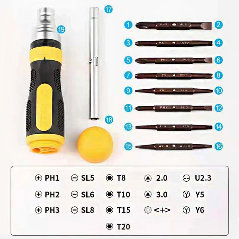래칫 이중 목적 스크루 드라이버 세트, 크로스 슬롯 더블 헤드 수동 산업용 스크루 드라이버 수동 유지 보수 도구, 19 인 1