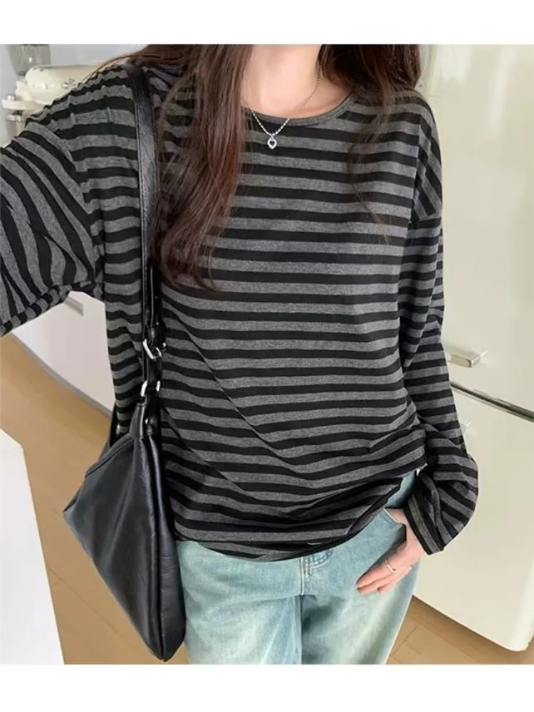 Herbst Frauen Harajuku Gestreiften T-shirt Lange Hülse O-ansatz Casual Oversize Top Femme Streetwear Schwarz Grau Lose Straße Tops Y2K – Detail 6