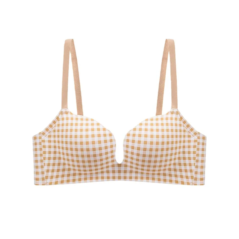 

Traceless Plaid Wireless Bra Deep U Wave Edge Grid Pattern Push Up Underwear Lingerie Anti-sagging Seamless Bras Girls Women