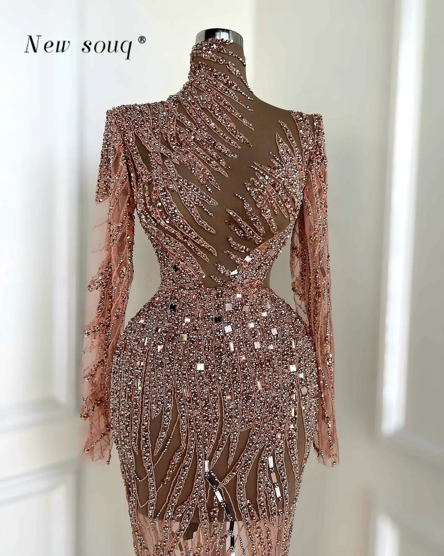 2 Styles Arabic Rose Gold High Neck Mermaid Sequins Evening Dresses with Luxury Beads Crystals Sexy Illusion Galas Events Gowns