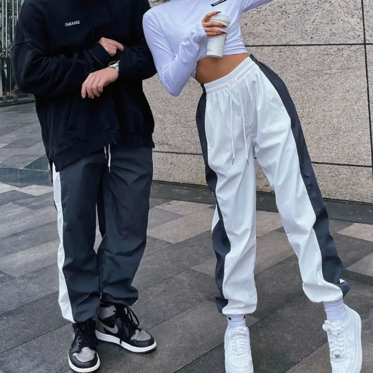 

Color Matching Sweatpants Long Men's And Women's Same Fitness Running Casual Loose Tied Feet Wide Legs Quick Drying