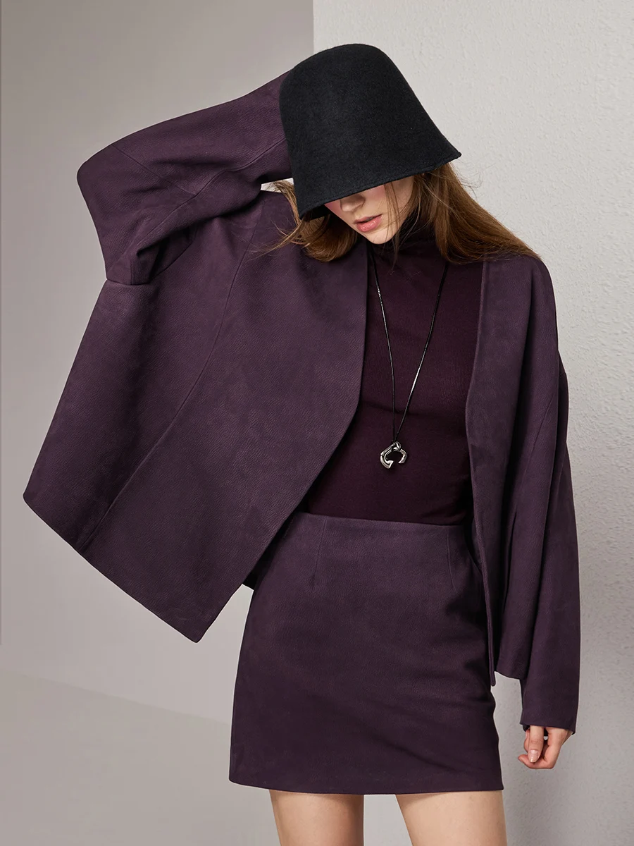 

UNQ Pure Color Deer Pattern Long Sve Coat And Skirt Set Warmth Commute Sle V-Ne Profional Care Leather Jaet