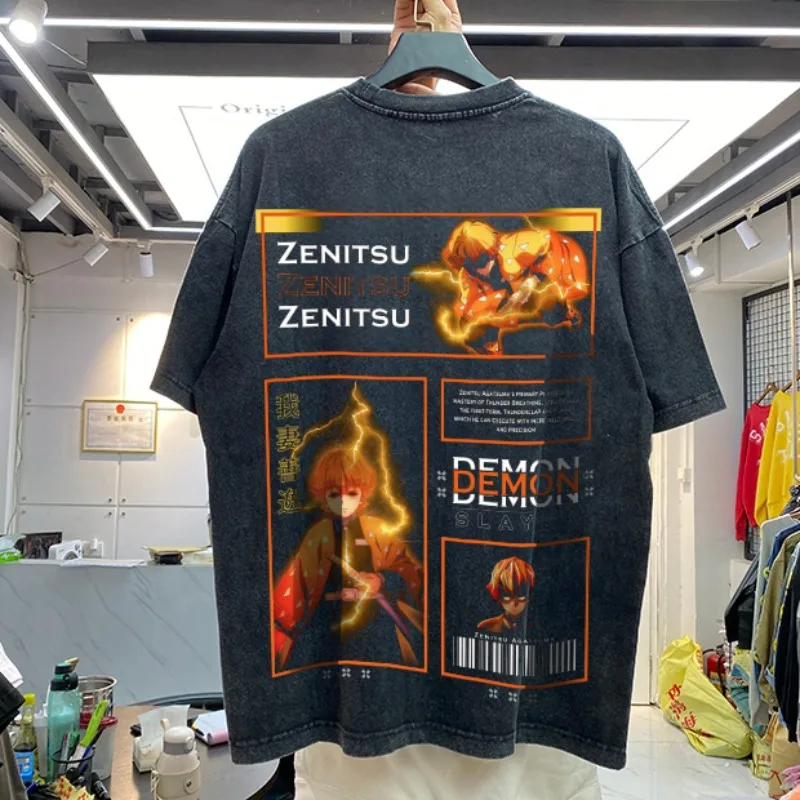 الصيف الرجال غسل تي شيرت انمي ياباني شيطان القاتل Agatsuma Zenitsu الجرافيك الملابس Harajuku Y2K ملابس علوية من القطن المتضخم