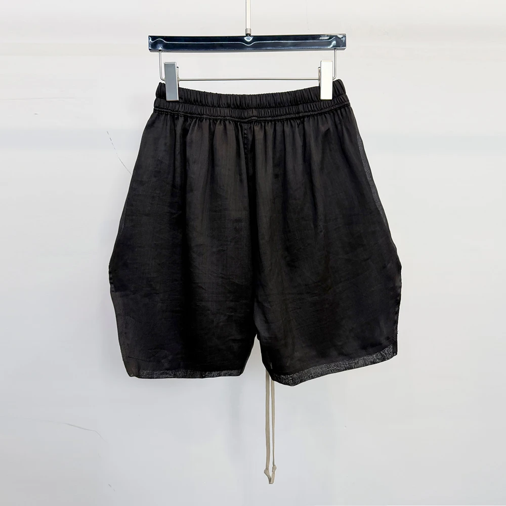 Women's Linen Blend Casual Shorts, Black Elastic Waist Baggy Shorts with Long Drawstring, See-Through Loose Fit Streetwear