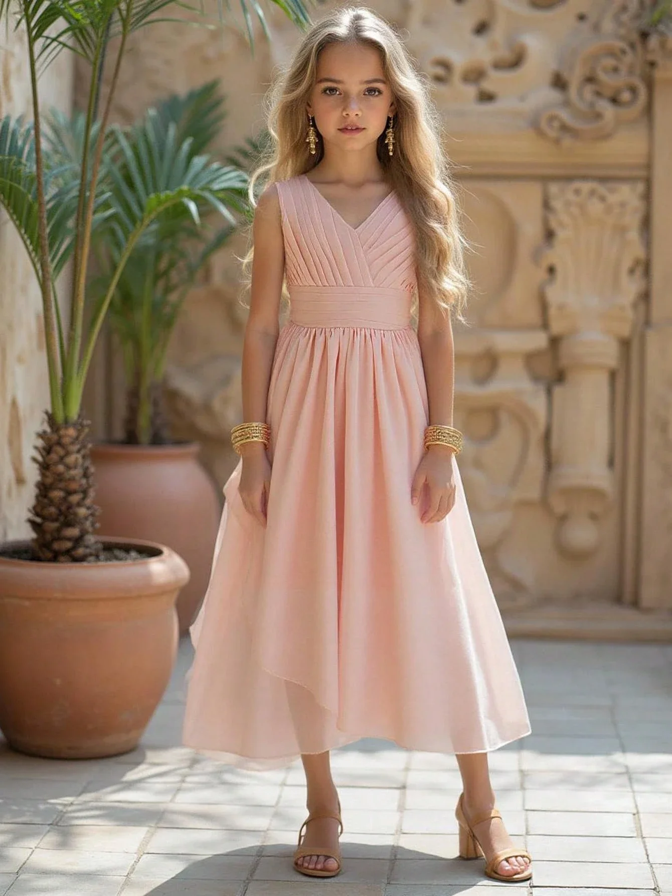 

Розовое вечернее платье А-силуэта с V-образным вырезом и бантом на спине для свадьбы или вечеринки