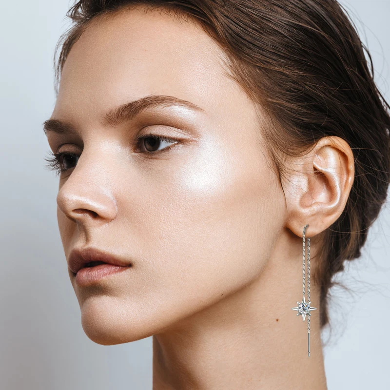 Anziw Moissanite Drop Earrings Asymmetry Star Moon Chain Ear Thread Threader 925 Sterling Silver for Women Jewelry Gift 12.5cm