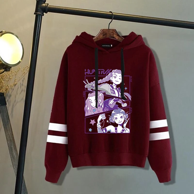 New Kpop Demon Hunters Mira Rumi Zoey Print Hoodie Sweathshirts Men Women Hooded Pullover Unisex Long Sleeve Stripe Hoodie