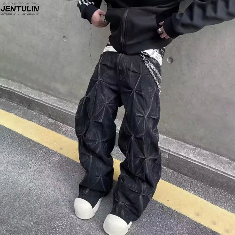 Y2K Aesthetics New Pattern Embroidery Baggy Jeans Men High Street Vintage Hip Hop Fashion Casual Couple Wide Straight-leg Pants
