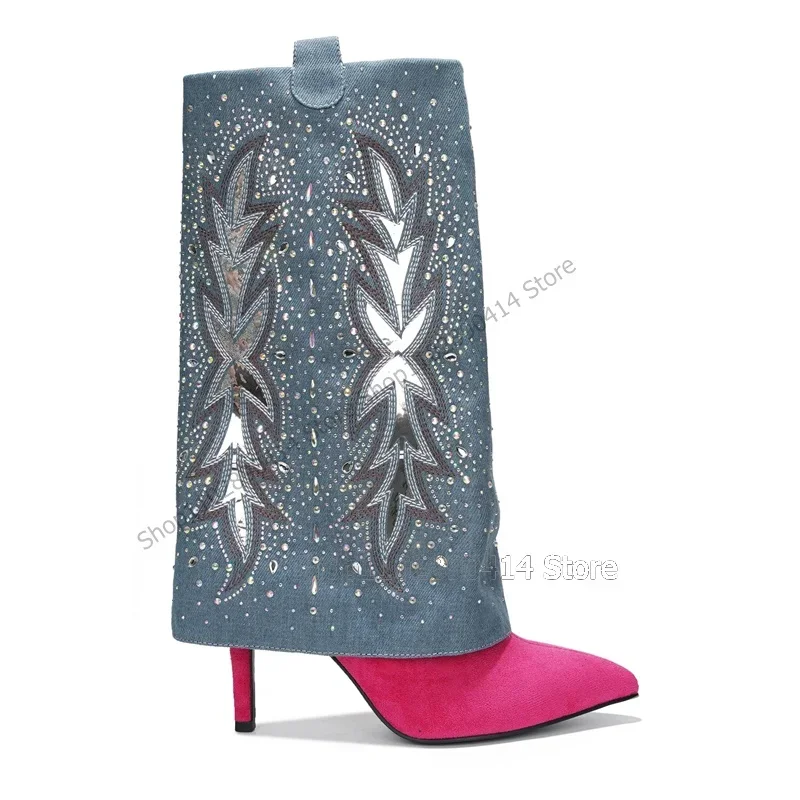 Blue Denim Crystal Totem Rose Red Pointed Toe Boots Side Zipper Women Shoes Thin High Heels New Dating 2026 Zapatos Para Mujere