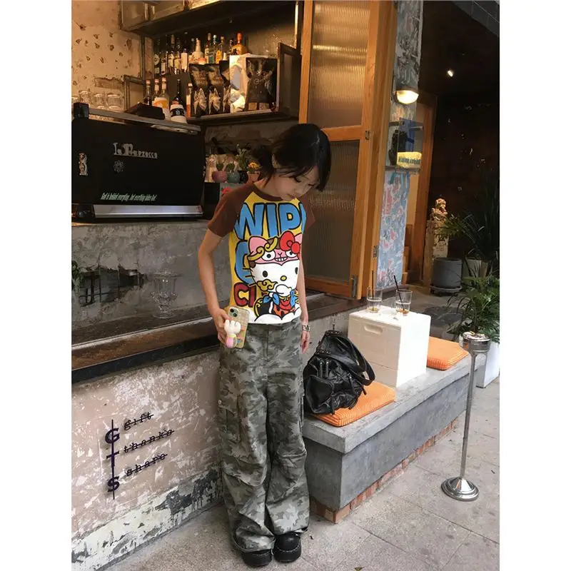 サンリオハローキティ新アニメファッションショートトップス Y2k 夏かわいい Tシャツ漫画プリントハイストリートゴシック半袖 Tシャツ