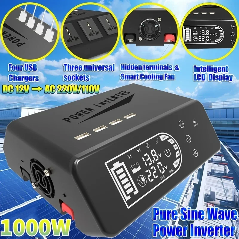 1000W Pure Sine Wave Power Inverter DC 12V To AC 110V/220V Voltage Transformer LCD Dual Battery Plug-in Power Inverter