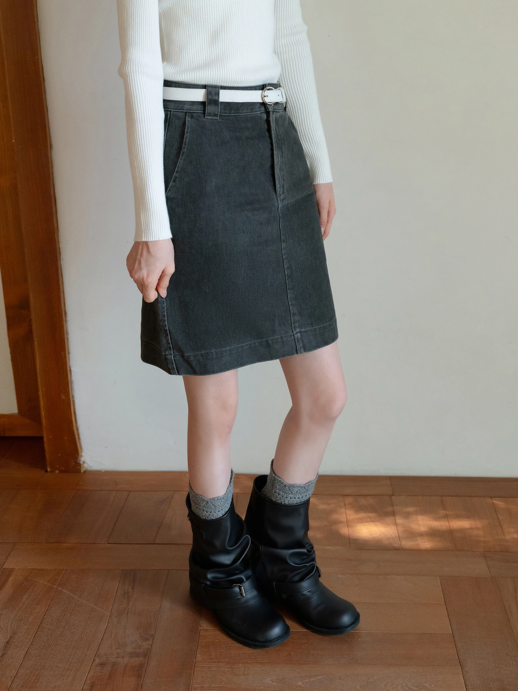 

High Waist A-Line Skirt Eggka Cotton Denim Commute Simple Elegance Slimming Autumn New Sle Casual High Waist Design