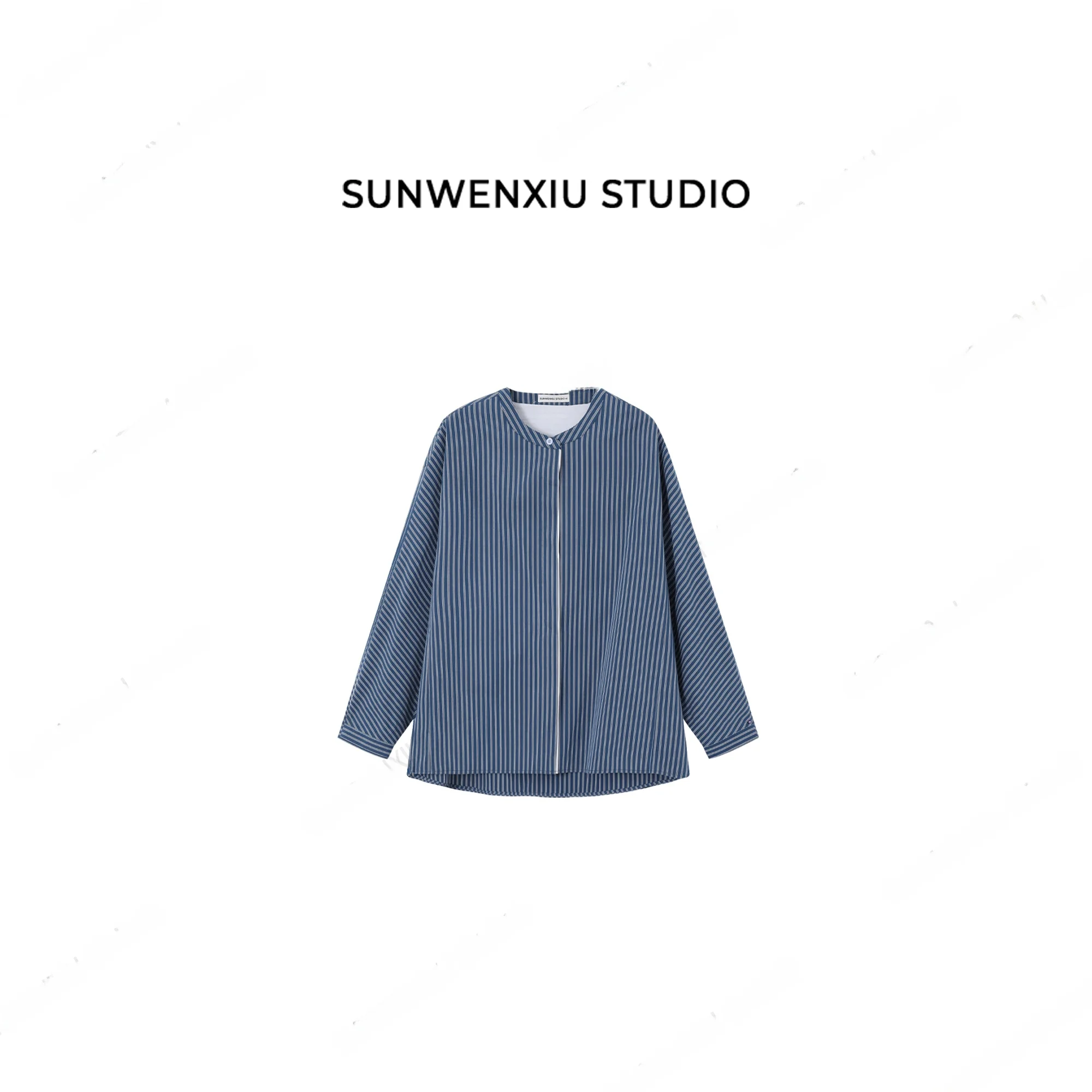 Camisa a Rayas Swx Studio, 100% Algodón, Lavado Enzimático, Diseño de Bloques de Color, Camisa a Rayas Índigo, Camisa Holgada de Manga Larga para Mujer
