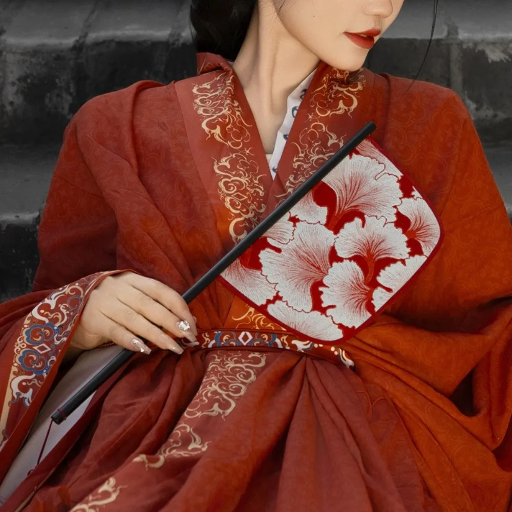 Classical Chinese Style Fan Exquisite Long Handle Hand Held Fans Elegant Ginkgo Leaf Pattern Decorative Fan Photography Show