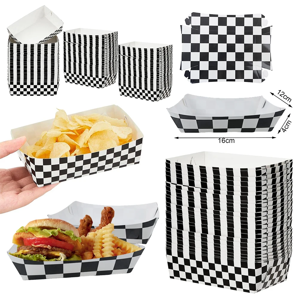 Racing Car Paper Food Trays Checkered Disposable Food Boats Box Snacks Fries Hot Dogs Carnival Picnic Birthday Party Supplies