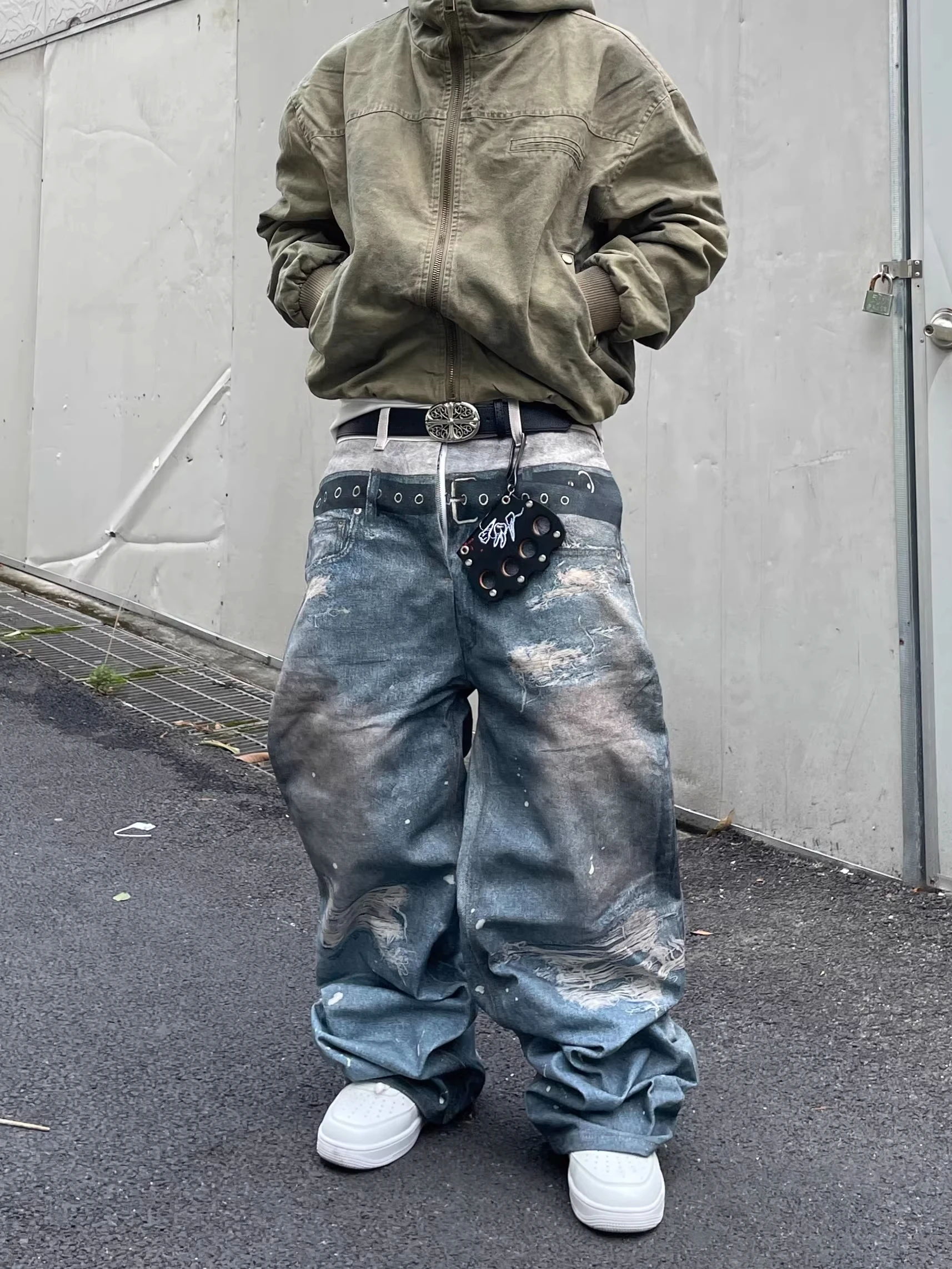 American Street Style Worn out Patchwork Double Waist 3D Digital Print Destroyed Jeans Loose Straight Wide Leg Long Trousers