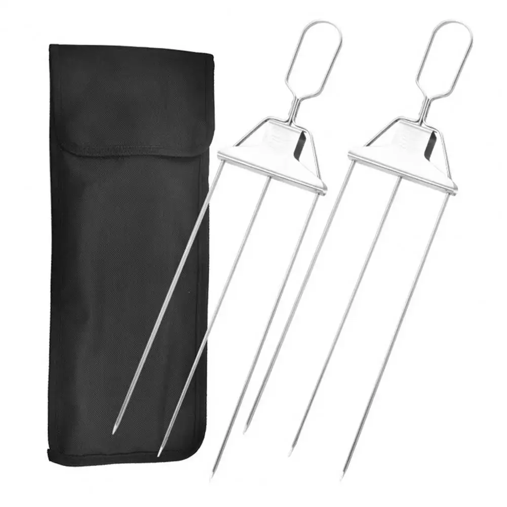 Meat Vegetable Skewers Reusable Barbecue Skewers 3 Prong Stainless Steel Bbq Skewers with Push-off Slider Reusable Metal Kabob