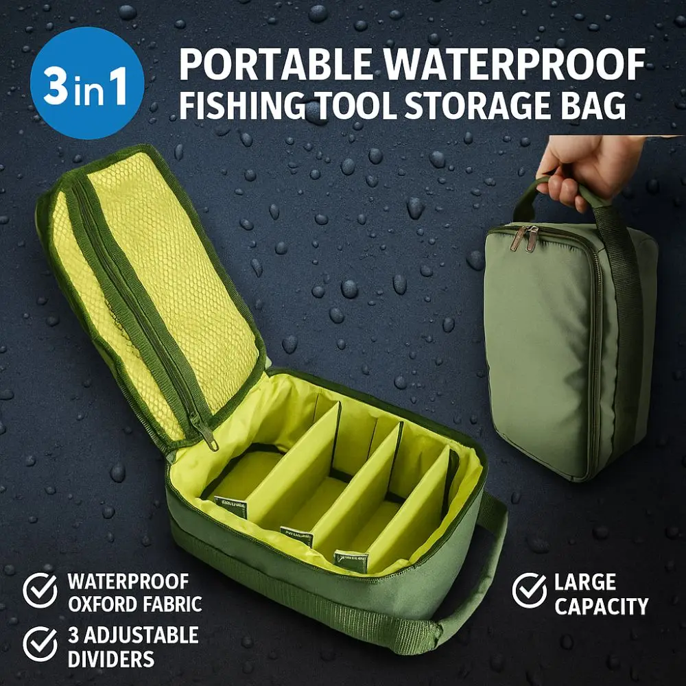 3-in-1 Fishing Tackle Bag Portable Waterproof Fishing Reel Storage Bag 3 Adjustable Dividers Oxford Cloth Fishing Bags