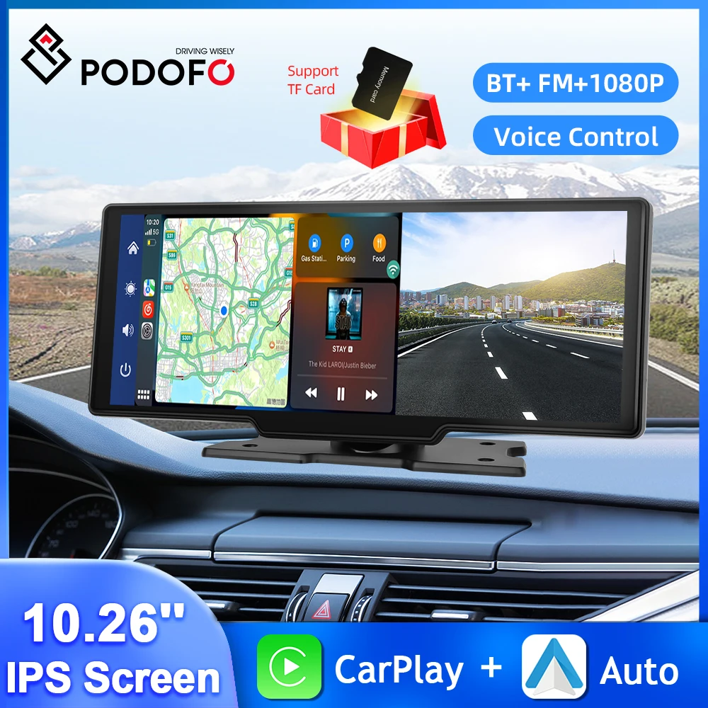 Podofo 10.26'' Car DVR HD Driving Recorder Carplay Android Auto Dashboard Car Monitor Loop Recording AI Voice Rearview Camera