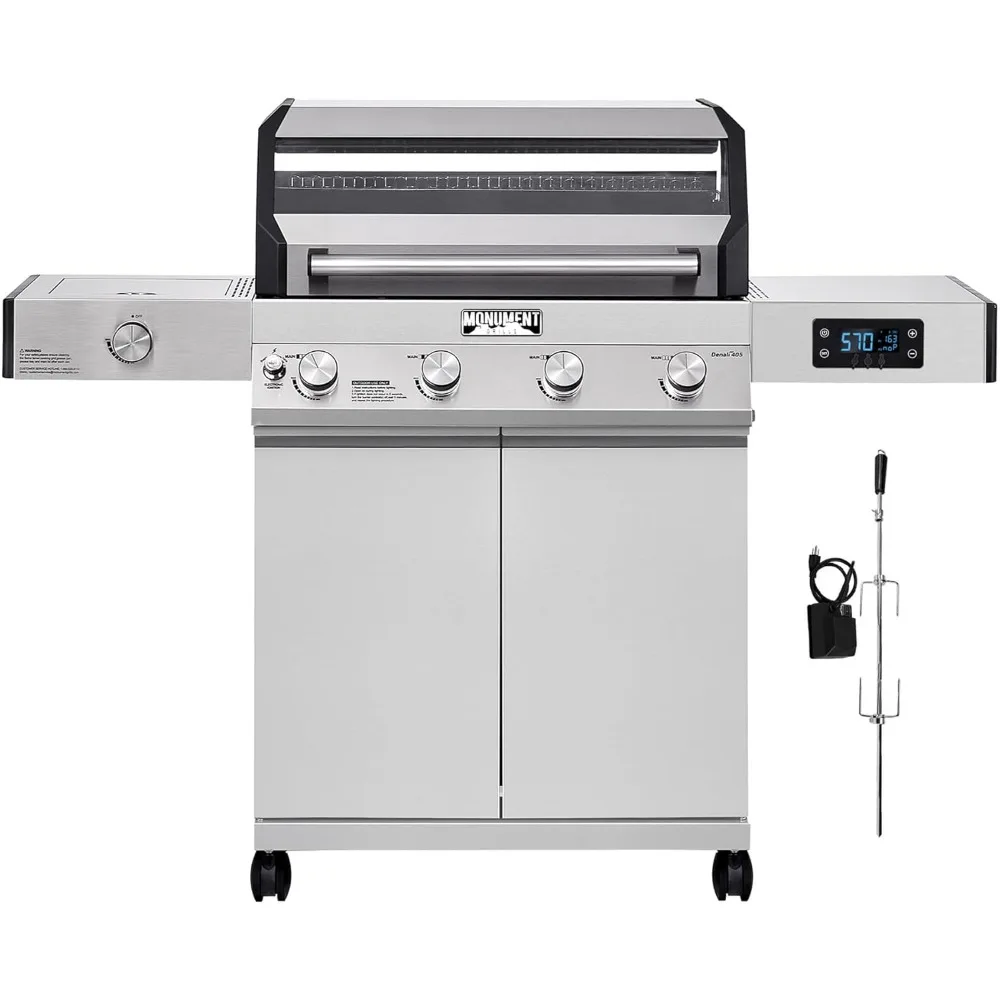 Denali 405 4-Burner Liquid Propane Gas Smart bbq Grill Stainless Steel with Rotisserie Kit(2 items)