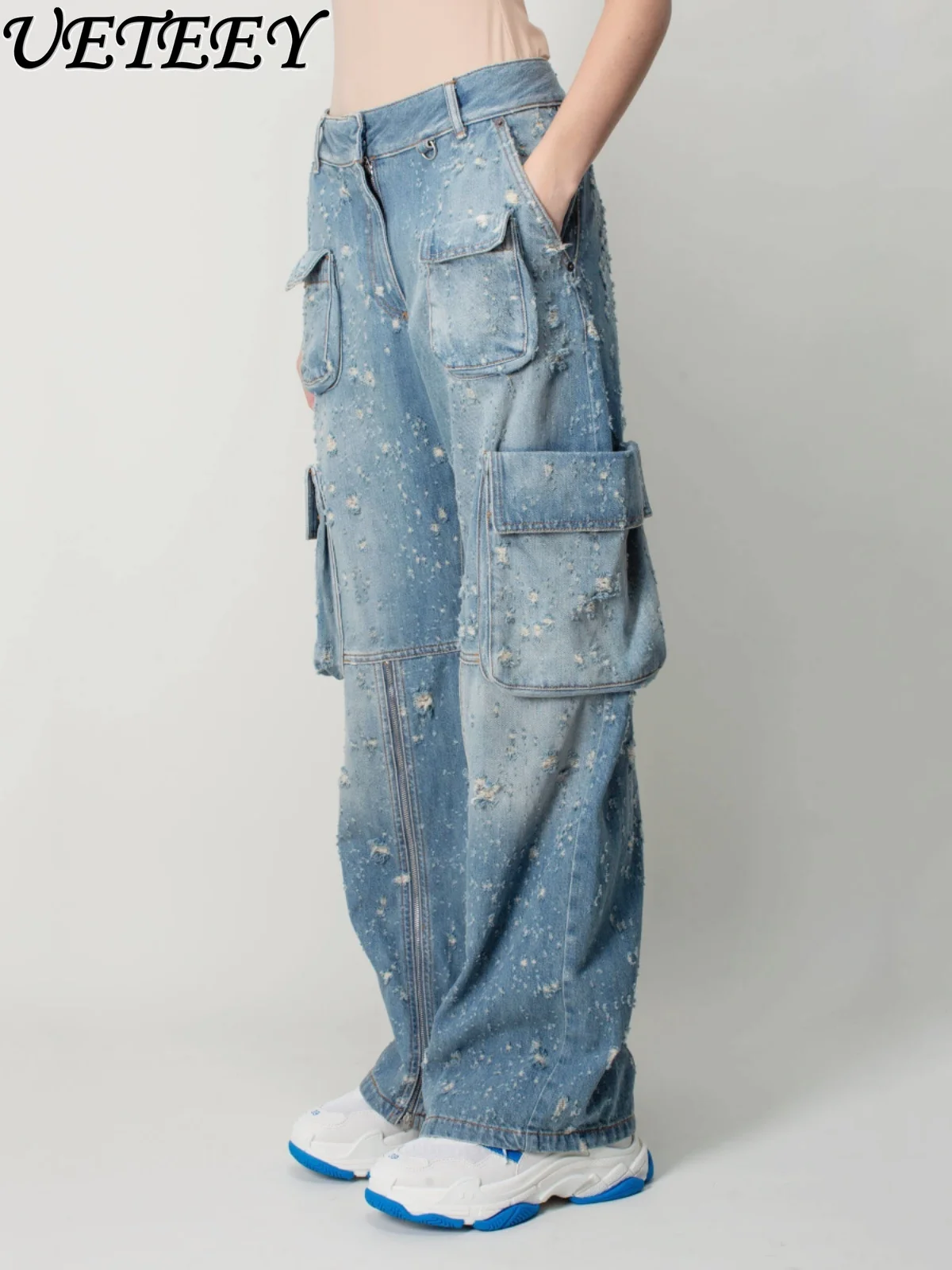 

Multi-Pocket Niche Ripped Light Blue Gradient Jeans Autumn and Winter New High Waist Casual Loose Wide Leg Denim Pants