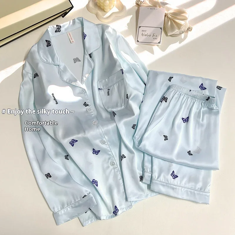 

Women Spring Autumn New Ice Silk Pajamas Set Homewear 2 Piece Long-Sleeved Small Butterfly Printing Ladies Pajama Sleepwear Suit