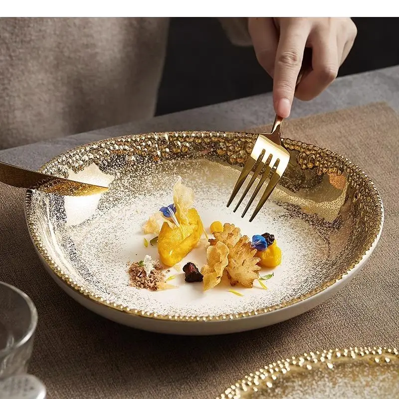 Bead Texture Ceramic Dinner Plate Dessert Snack Salad Plates Thick Soup Restaurant Special Tableware