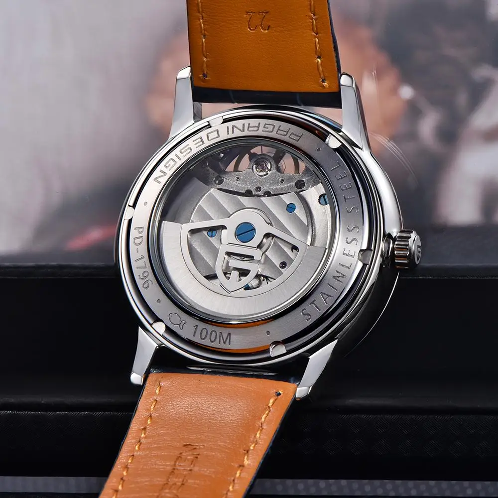 Reloj Mecánico PAGANI DESIGN 2025 de 42mm, reloj Tourbillon con movimiento automático, correa de cuero PU resistente al agua de 100m de acero inoxidable