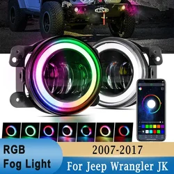 지프 랭글러 JK 2007-2017 용 LED 안개등, RGB 헤일로 링 방향 지시등, 닷지 여행용 블루투스 앱 제어, 4 인치