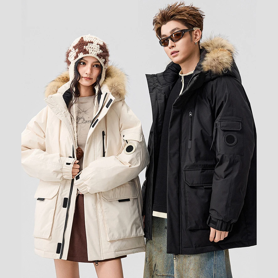 

Winter Removable Fur Collar Hooded Down Jacket Men Women Outdoor Thick Duck Down Cargo Parkas Jacket Warm Coat Unisex Overcoat