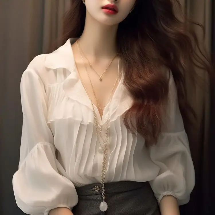 2024 New Spring and Autumn Fashion Elegant and Unique Loose Blouses Polo Neck Solid Color Patched Button Women\'s Shirt Top