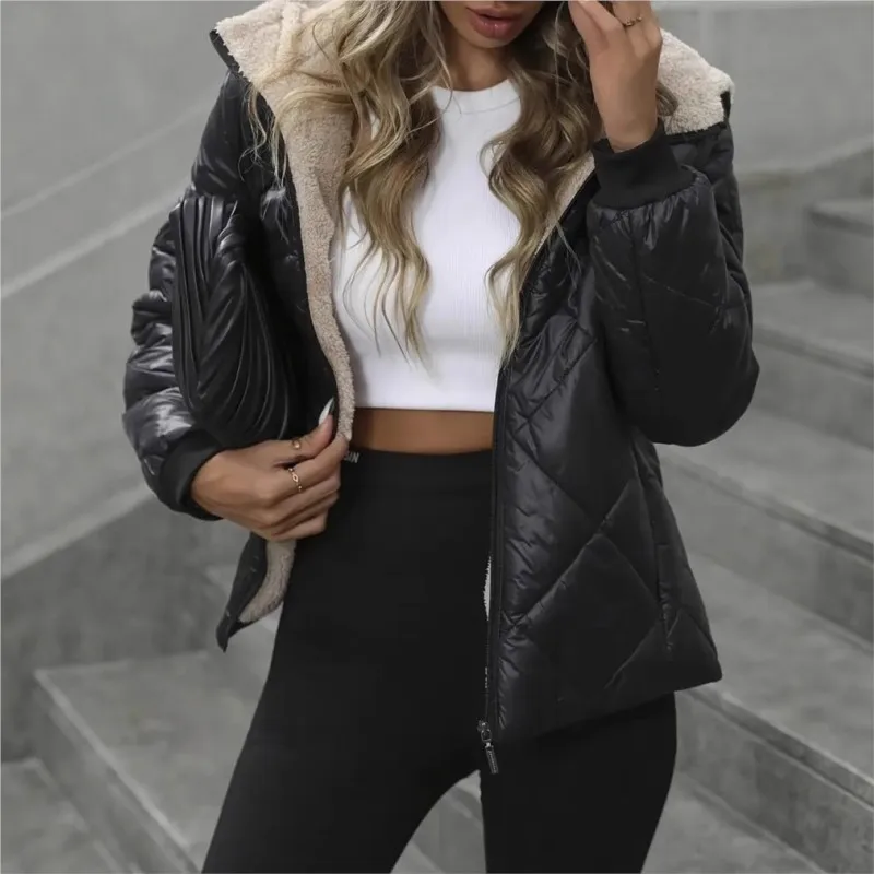 

Casual Fashion Hooded Parka Padded Quilted Coat for Women 2025 Winter Black Thickened Zipper Warm Cardigan Jacket Overcoat Tops