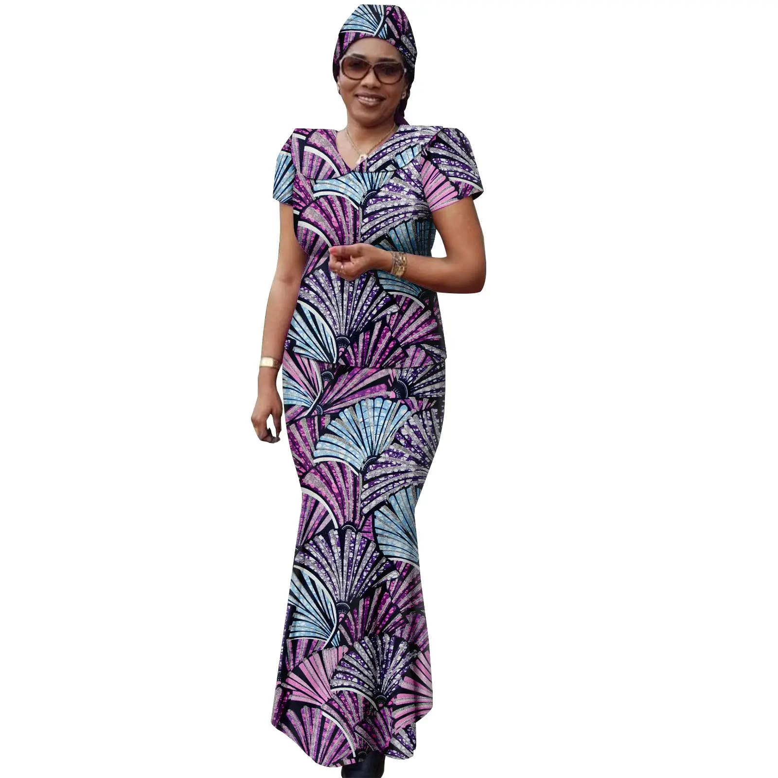 African Women Set Ankara Print Traditional Doll Collar Top and Skirts Match Headscarf Bazin Riche Dashiki Lady Outfits Y2326003