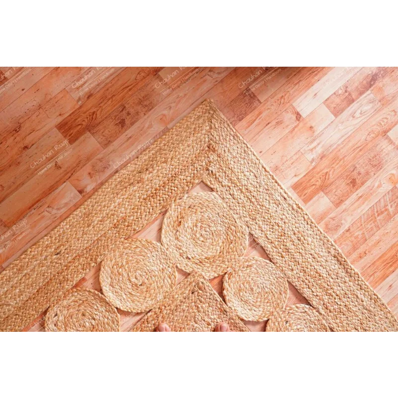 Hand Braided Natural Jute Rectangle Scalloped RugYoga Mat Rug Vintage Rug