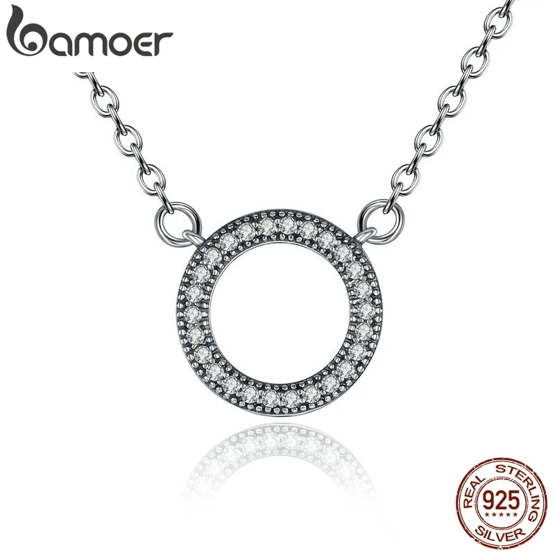 BAMOER 925 Sterling Silver Hearts of Brand Clear Zircon Round Shape Pendant Necklace for Women Party Fine Jewelry 17.71'' PSN010