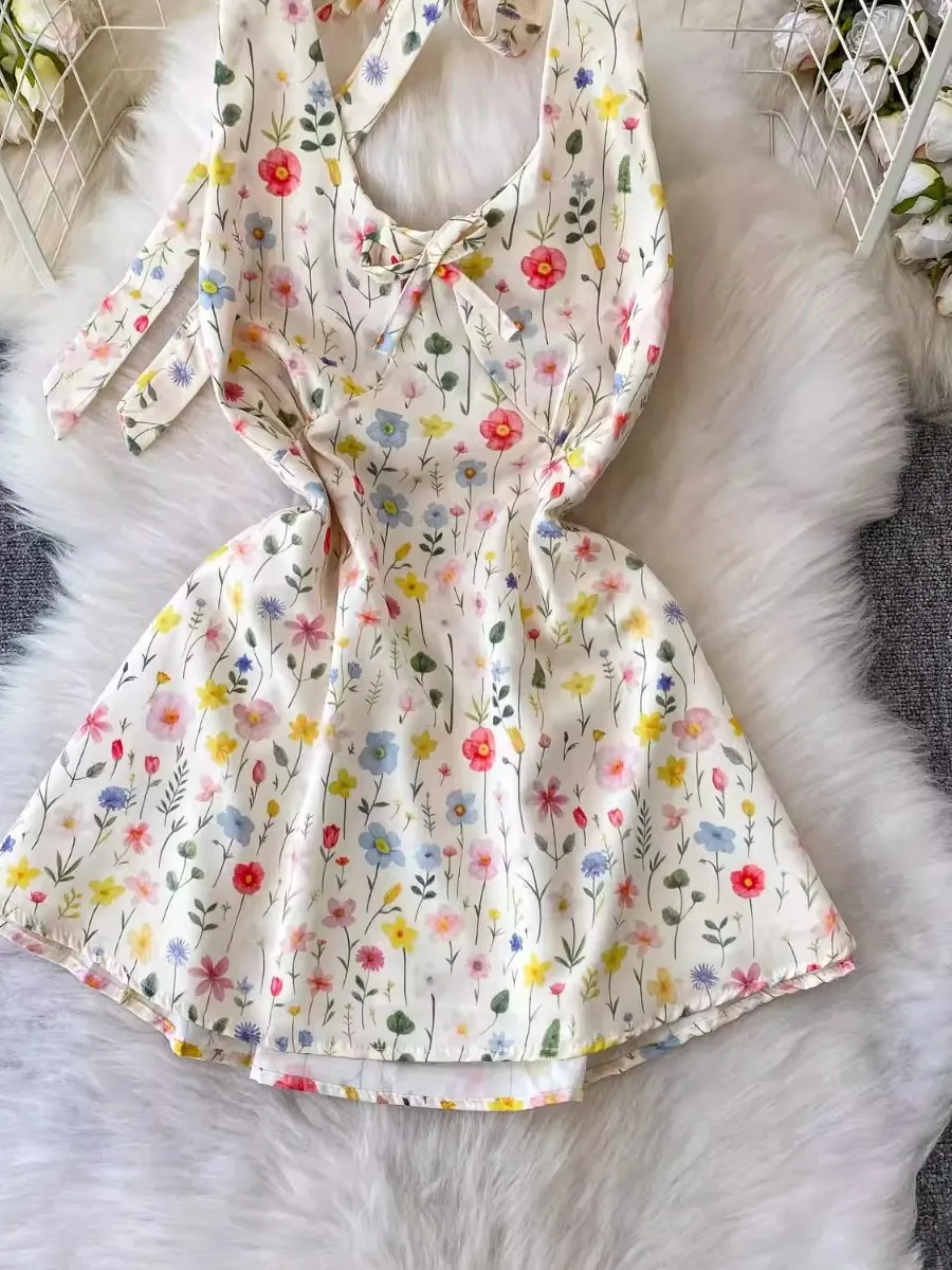 Foamlina vacances doux bleu fleuri col en V licou Camis Corp haut femmes été léger Mature Sexy dos nu cravate gilet Blouse