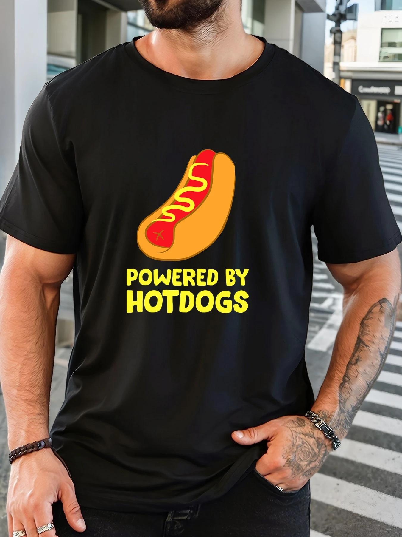 

Mens POWERED BY HOTDOGS pattern summer casual crew neck short T-shirt